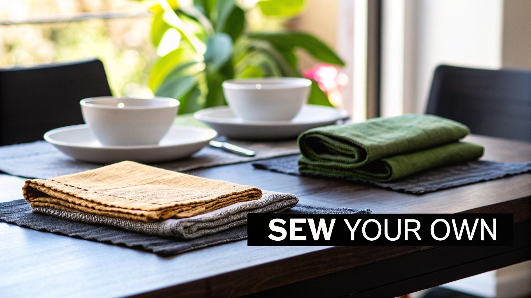 A dining table set with white bowls, plates, and neatly folded fabric napkins in green, yellow, and grey colors.