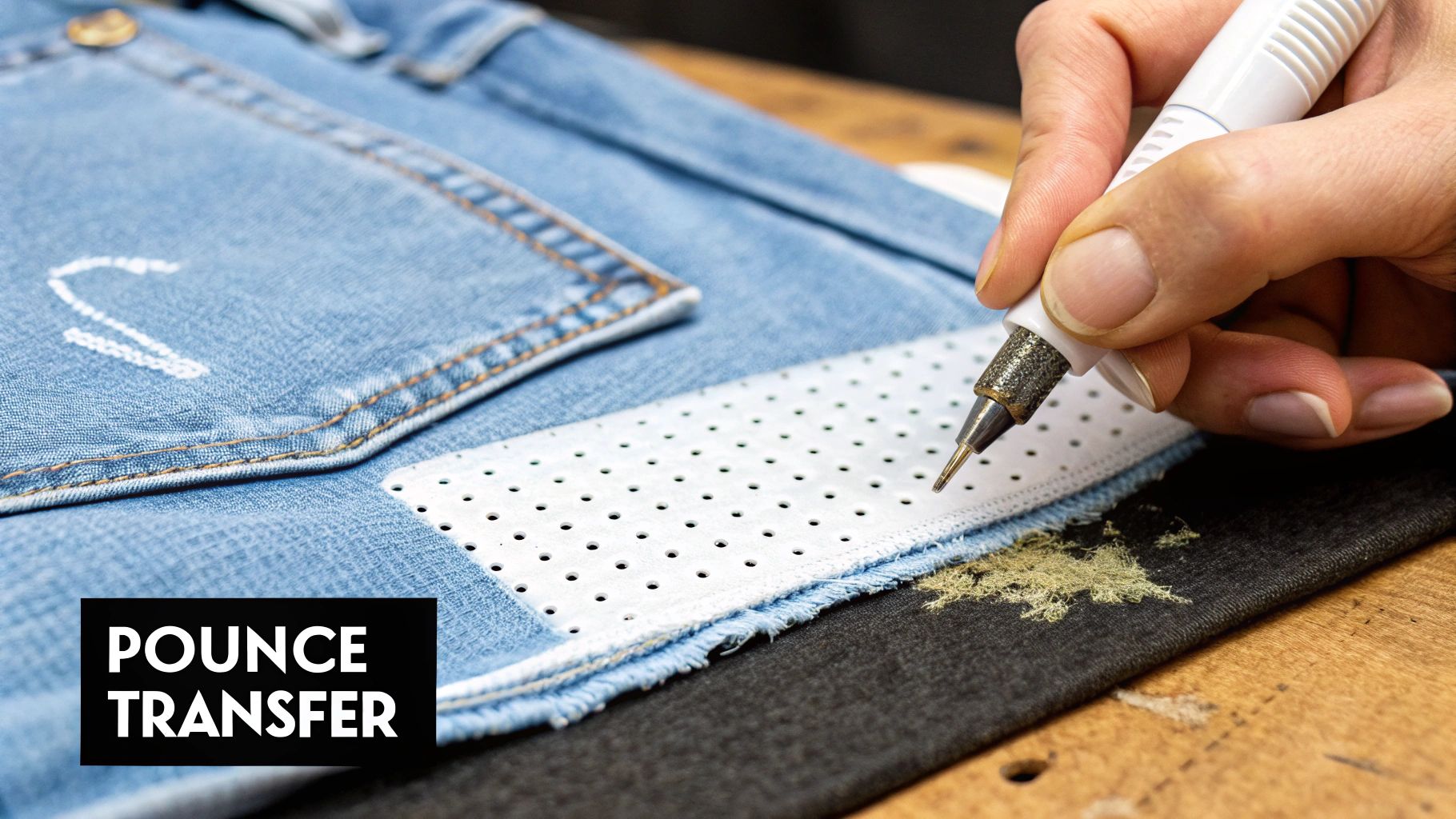 A hand uses a pounce tool to transfer a dotted pattern through a stencil onto blue denim fabric.
