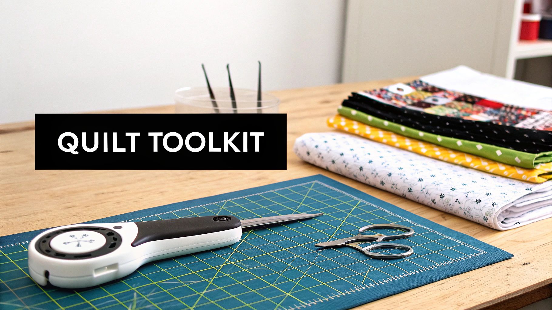A quilt toolkit on a wooden table, featuring a rotary cutter, scissors, fabrics, and a cutting mat.