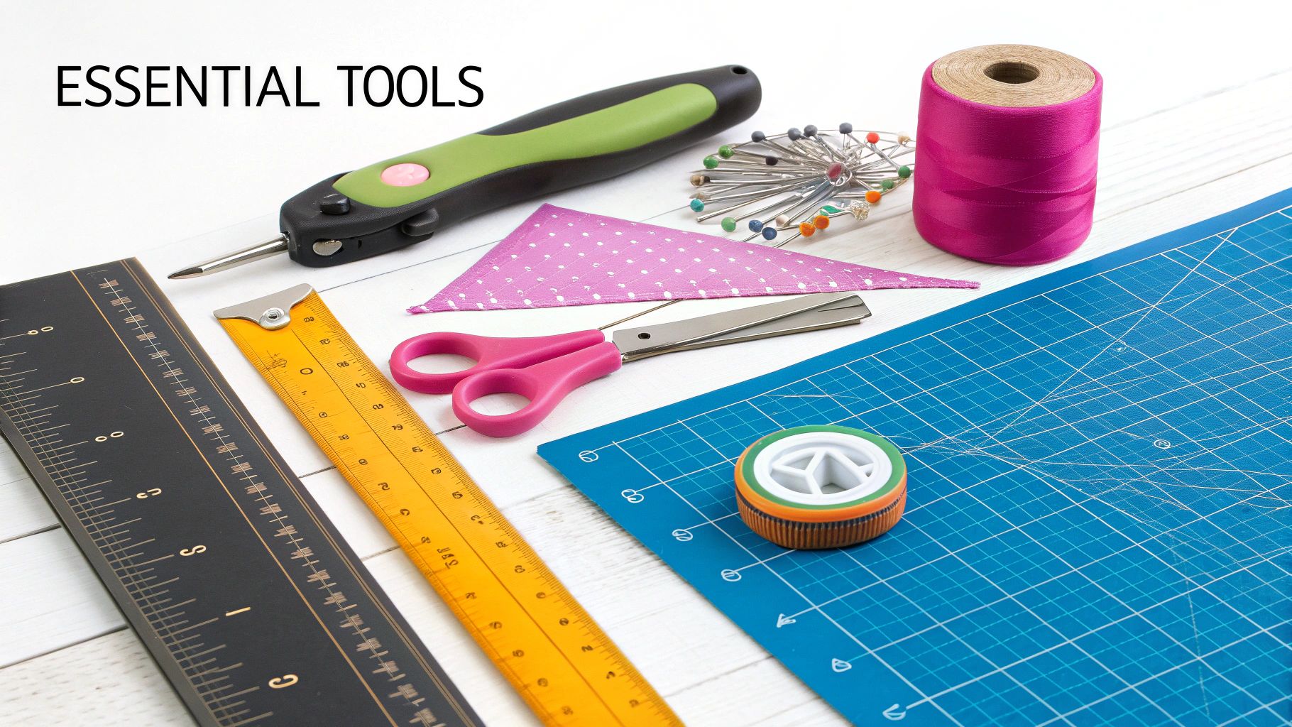 A collection of quilting tools including a rotary cutter, mat, rulers, and colorful threads.