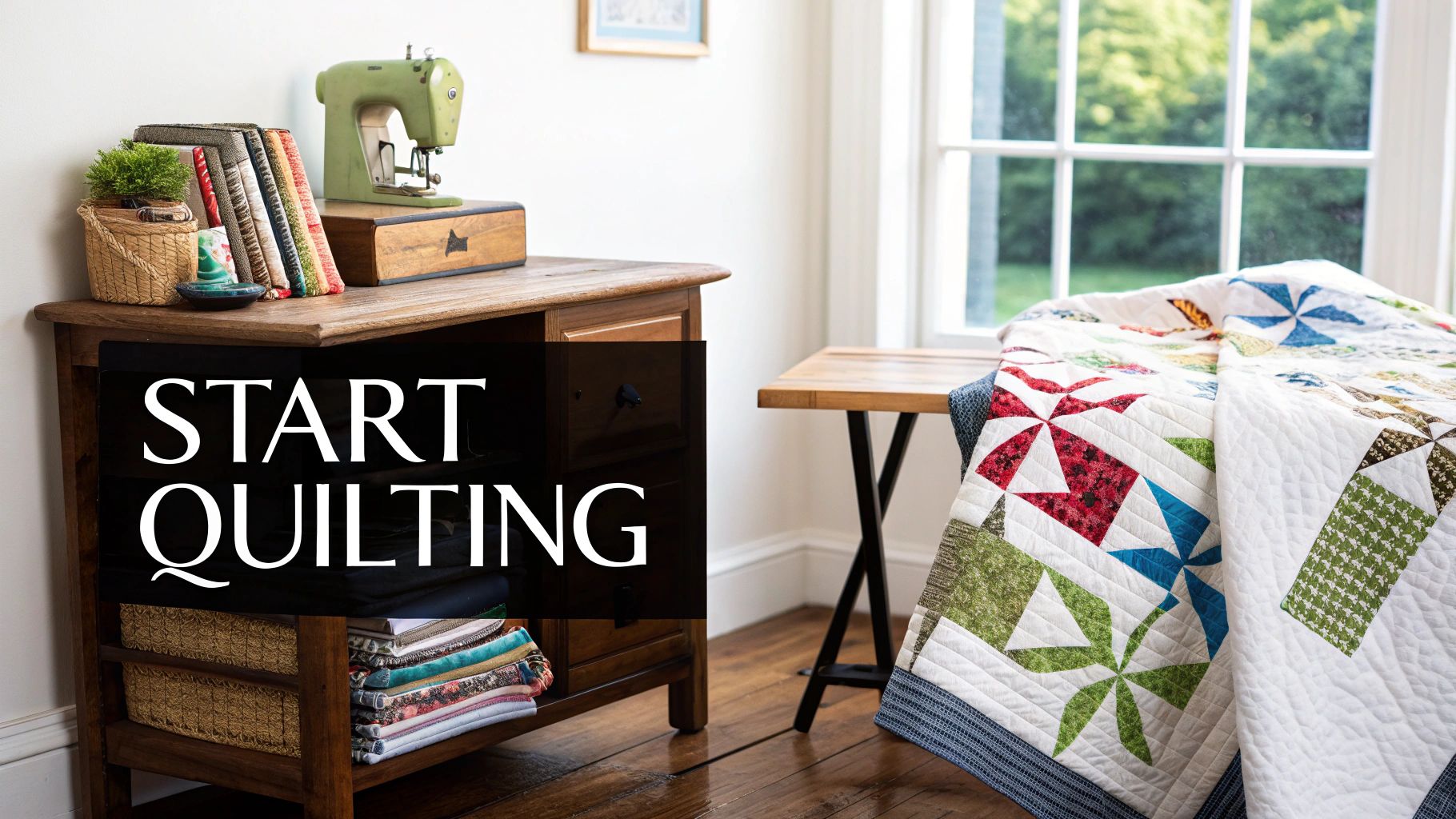 A cozy quilting workspace with a vintage sewing machine, fabric, and a colorful pinwheel quilt.