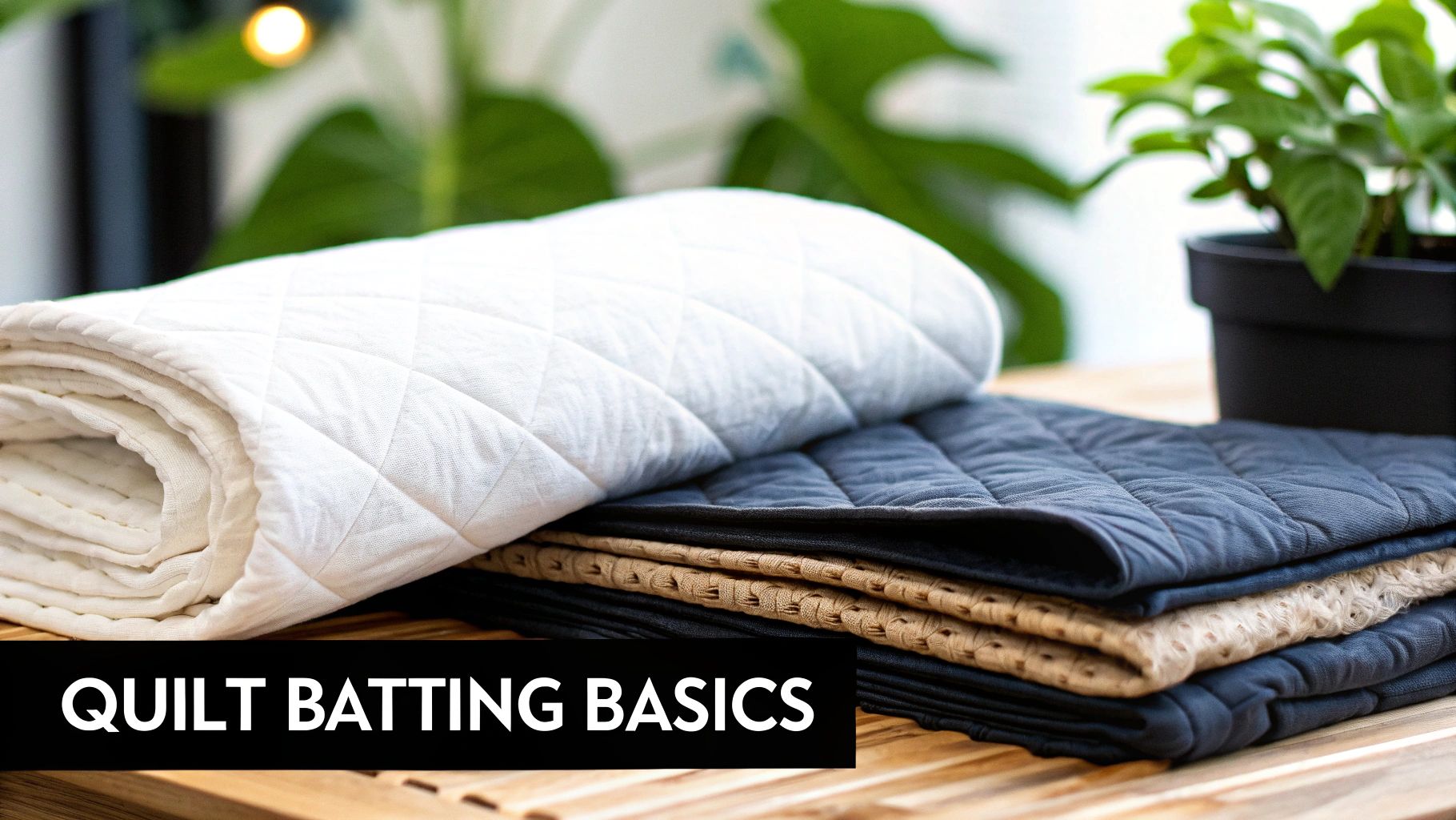 Stack of quilted fabric samples in white, blue, beige, and black on a wooden table.