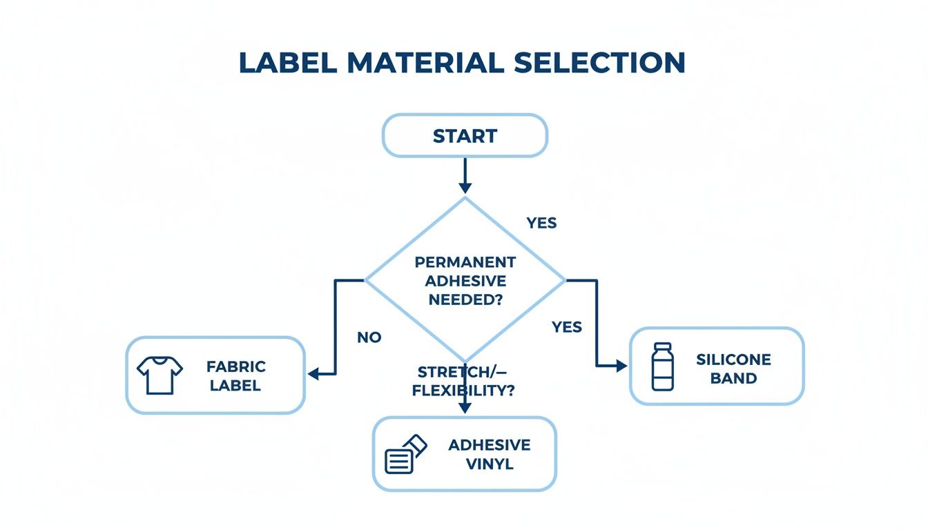 Flowchart for label material selection, guiding users through choices like permanent adhesive and flexibility.