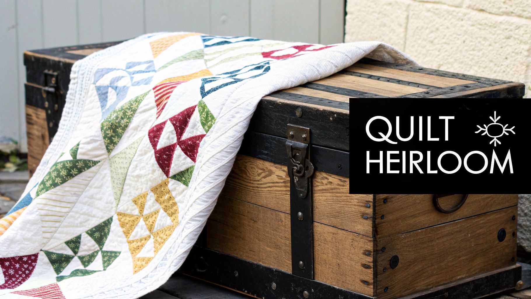 A vibrant patchwork quilt featuring various patterns draped over a vintage wooden chest, with 'QUILT HEIRLOOM' text overlay.