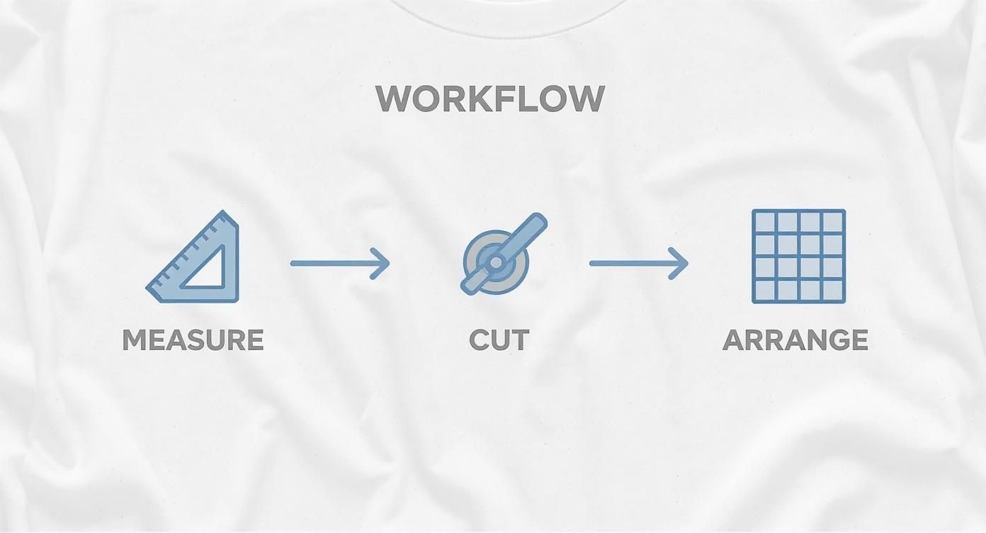 Workflow diagram showing three steps: measure with ruler, cut with rotary cutter, arrange in grid pattern