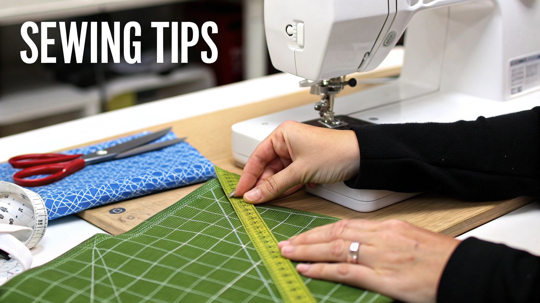 A person's hands measuring green fabric with a yellow ruler, with a sewing machine, scissors, and a measuring tape on a table.