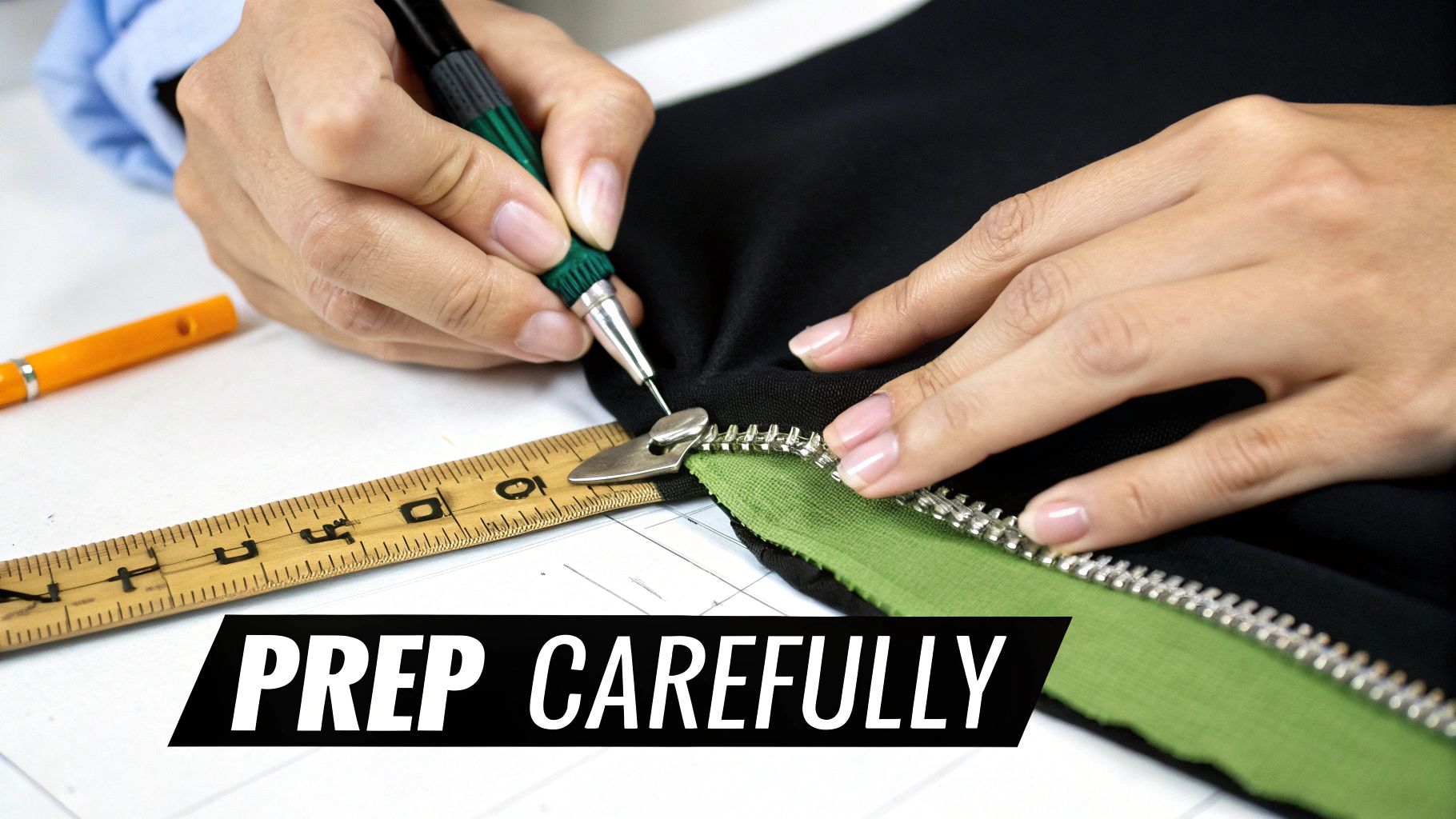 Close-up of hands carefully marking black fabric next to a green zipper with a tool and ruler for sewing.