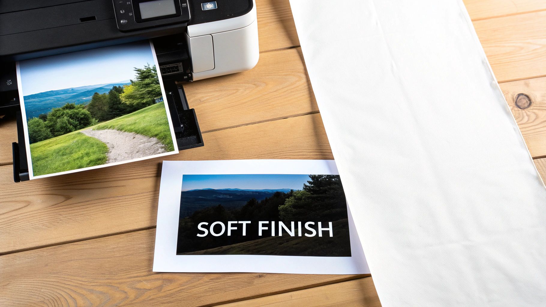 A printer ejects a vibrant landscape photo, next to another print with "SOFT FINISH" and a roll of white fabric on wood.