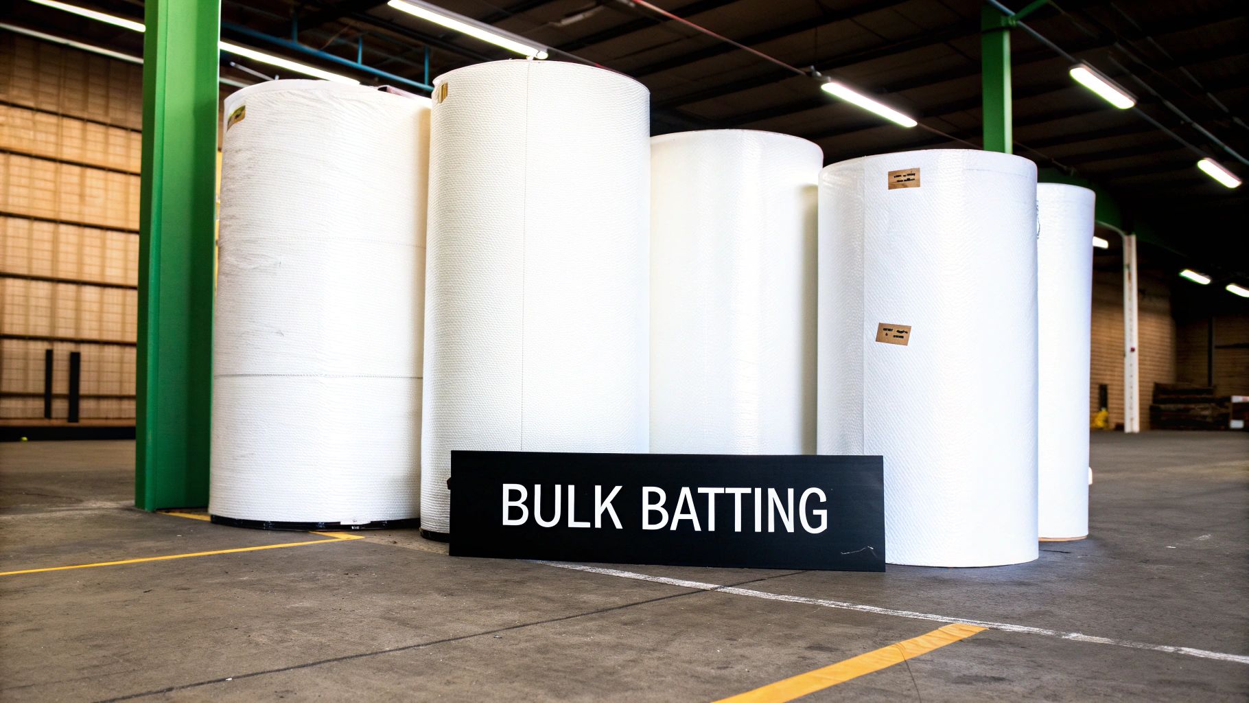 Large rolls of white bulk batting material stacked in a warehouse with a sign.