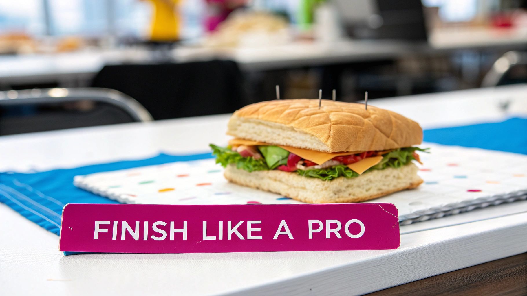 A close-up of a quilt's edge showing neatly attached binding and quilting stitches.