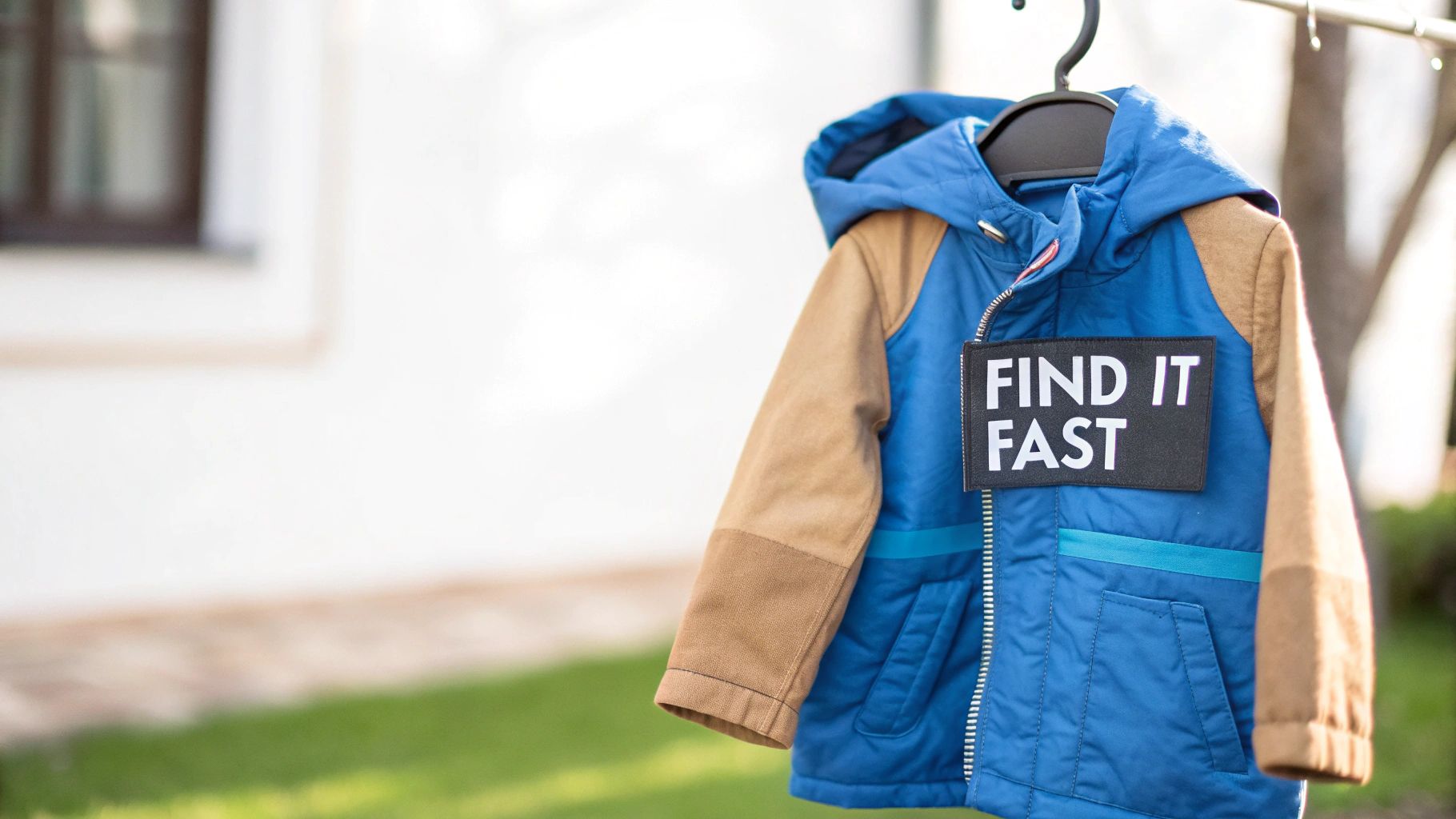 A blue and brown child's jacket with a 'FIND IT FAST' iron-on patch, hanging outdoors on a hanger.