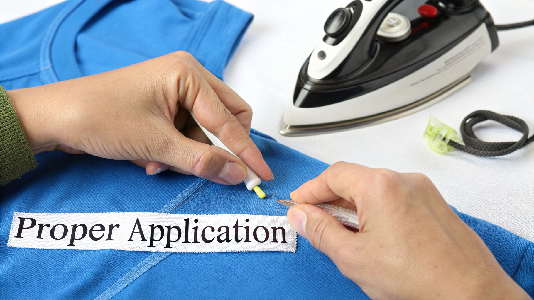 Close-up of hands attaching a "Proper Application" label onto a blue t-shirt with sewing tools.