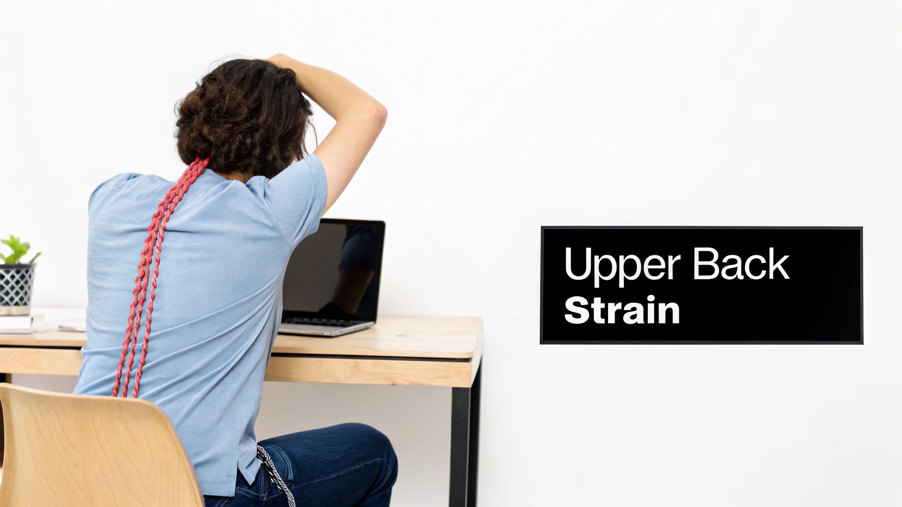 Rear view of a person stretching their upper back at a desk with a laptop, displaying 'Upper Back Strain' text.