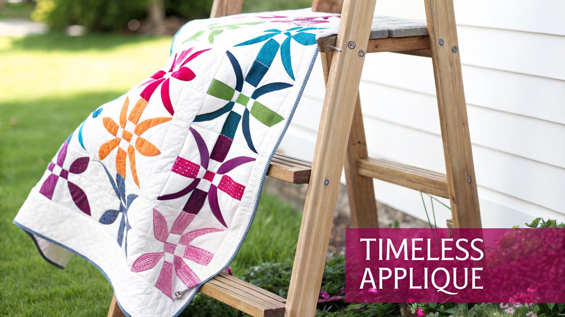 Colorful floral applique quilt draped over wooden ladder showcasing vibrant star flower pattern designs