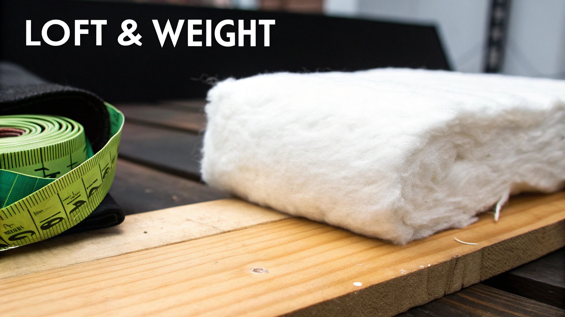 White batting and a green measuring tape on wood, with 'LOFT & WEIGHT' text.