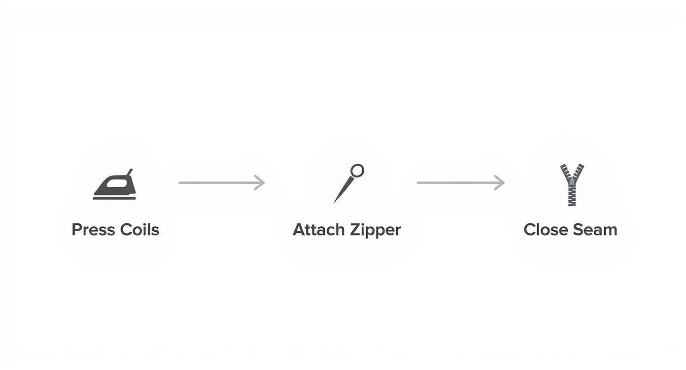Three-step diagram showing how to sew a zipper: press coils, attach zipper, and close seam.