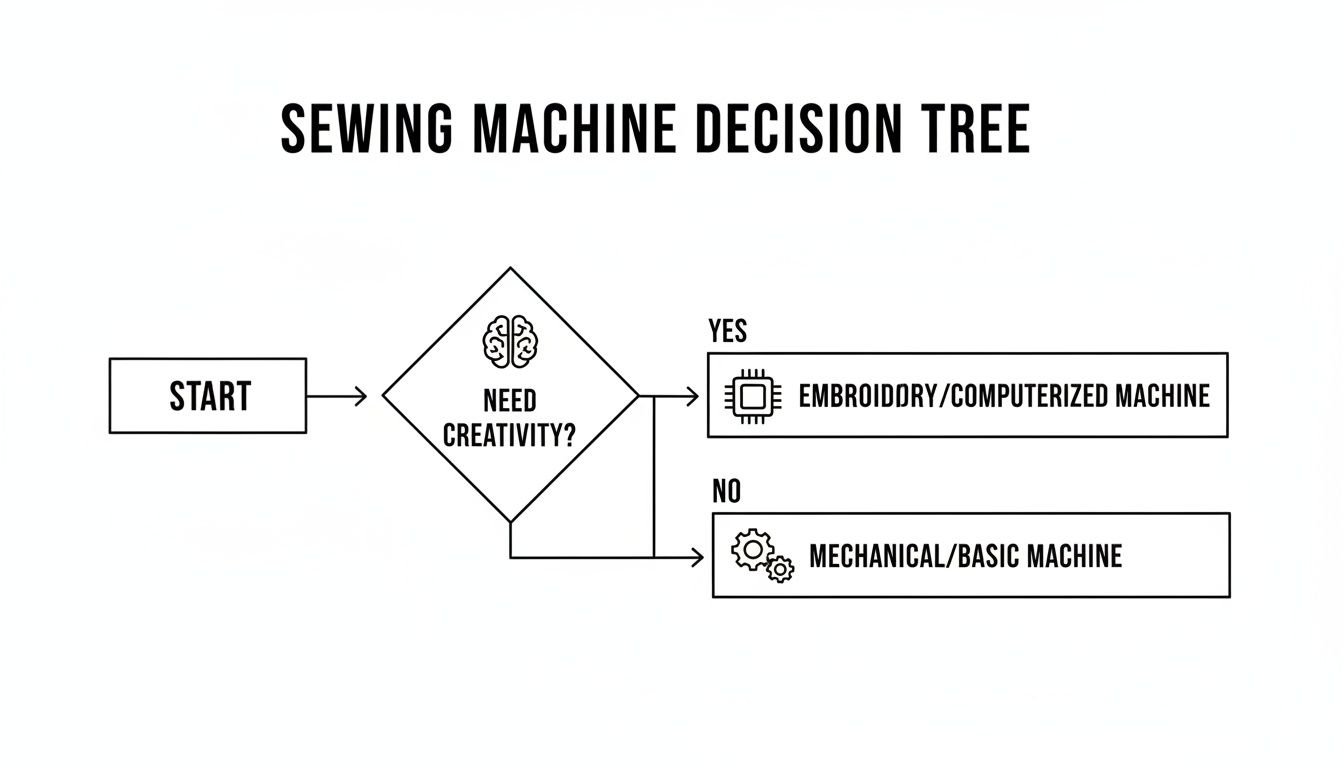 A sewing machine decision tree flowchart guiding users to choose between computerized and mechanical machines based on creativity needs.