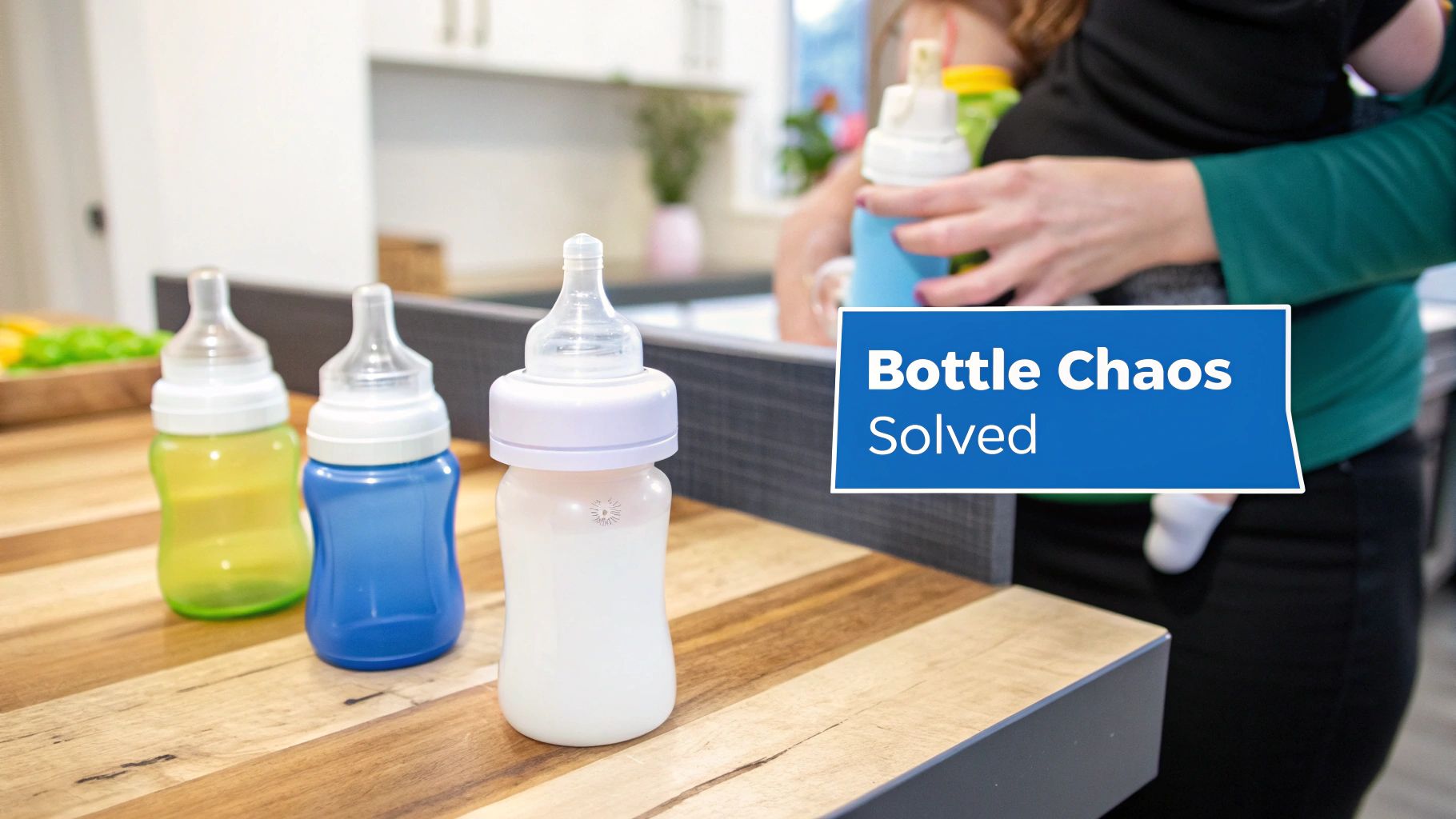 Three colorful baby bottles on a wooden counter, with a parent holding a baby in the background.