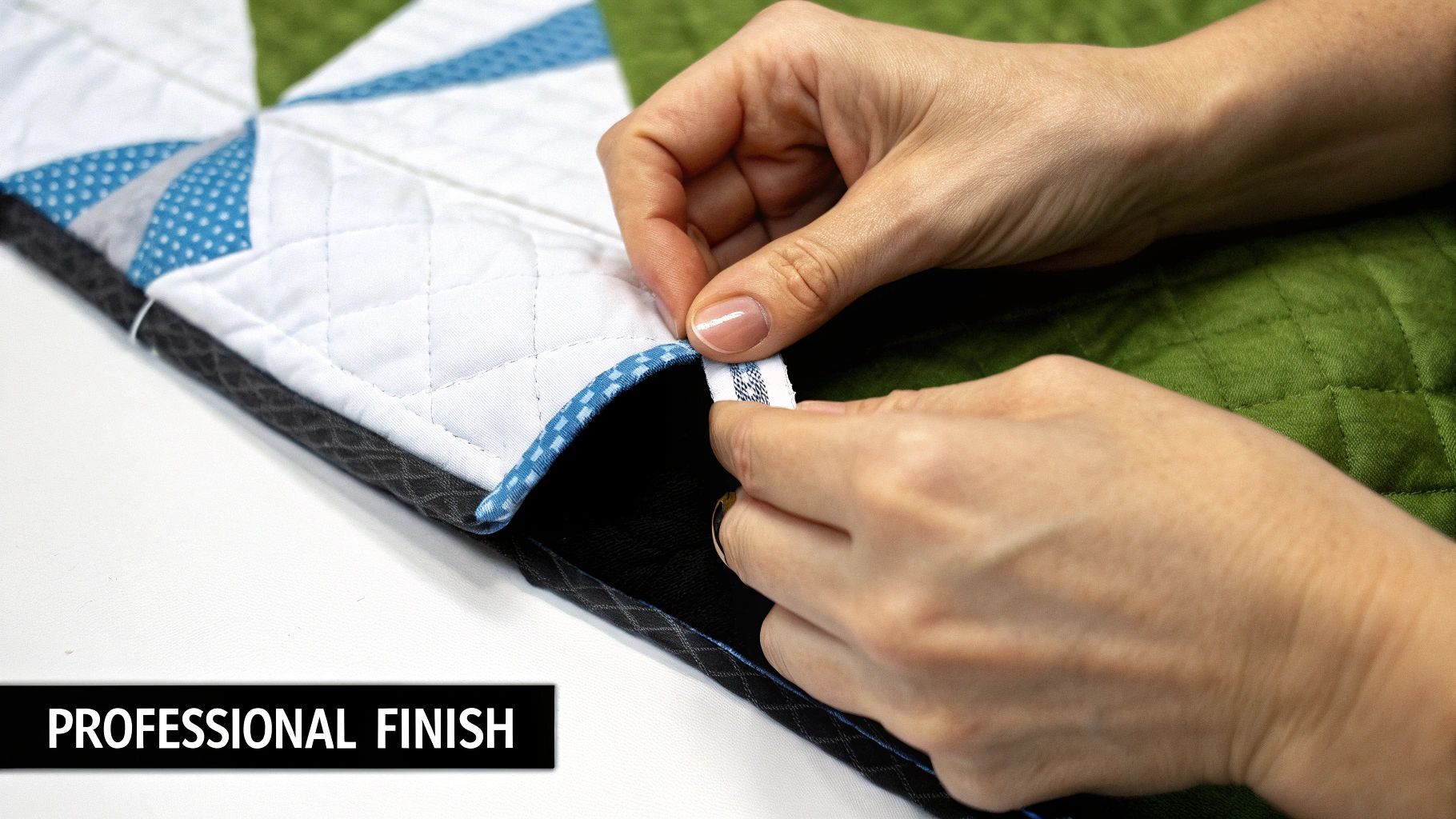 Hands attach a small label to the blue-bound edge of a white and green quilted item, showing a professional finish.