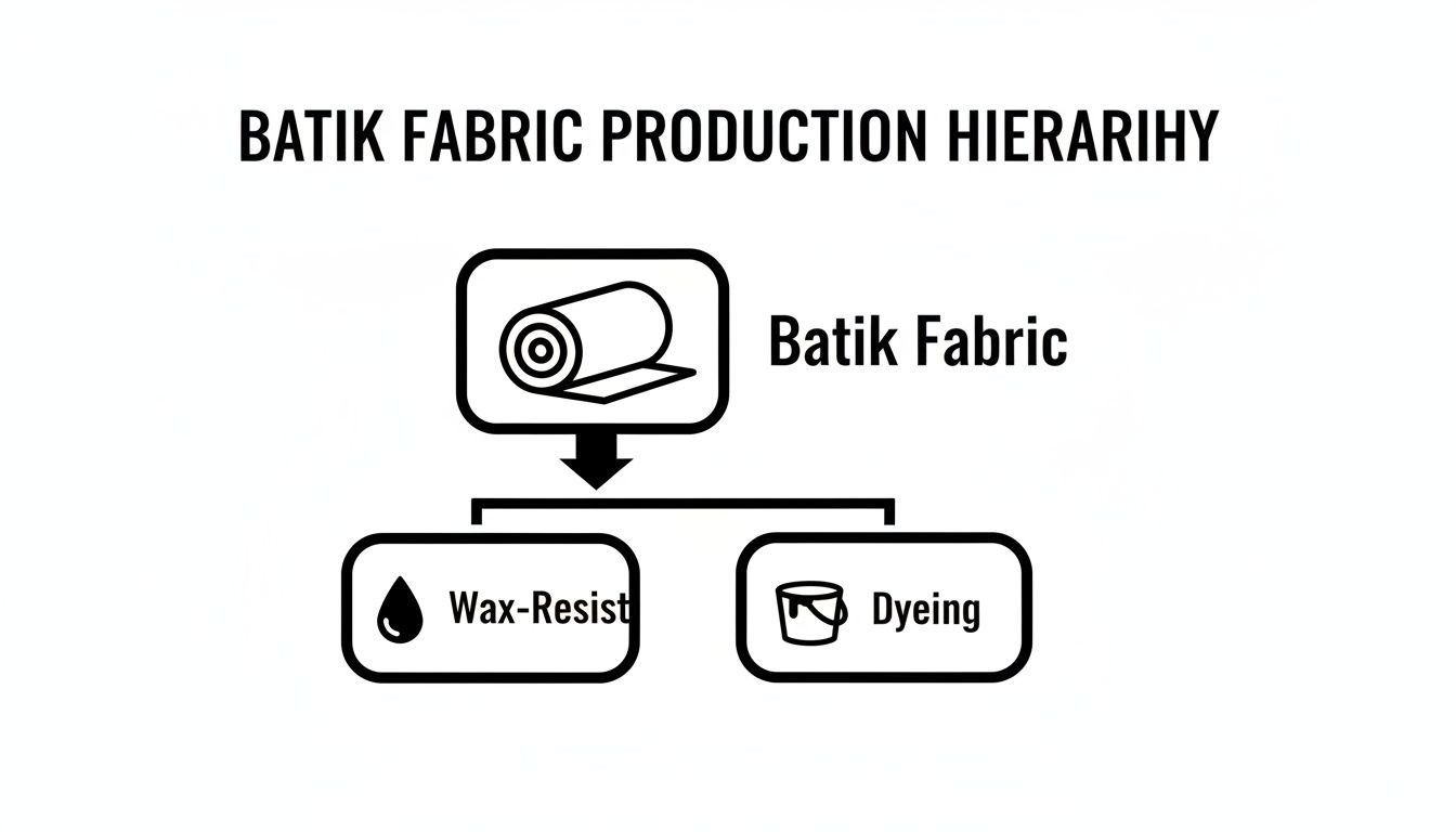 A black and white diagram showing the batik fabric production hierarchy: Batik Fabric leads to Wax-Resist and Dyeing processes.