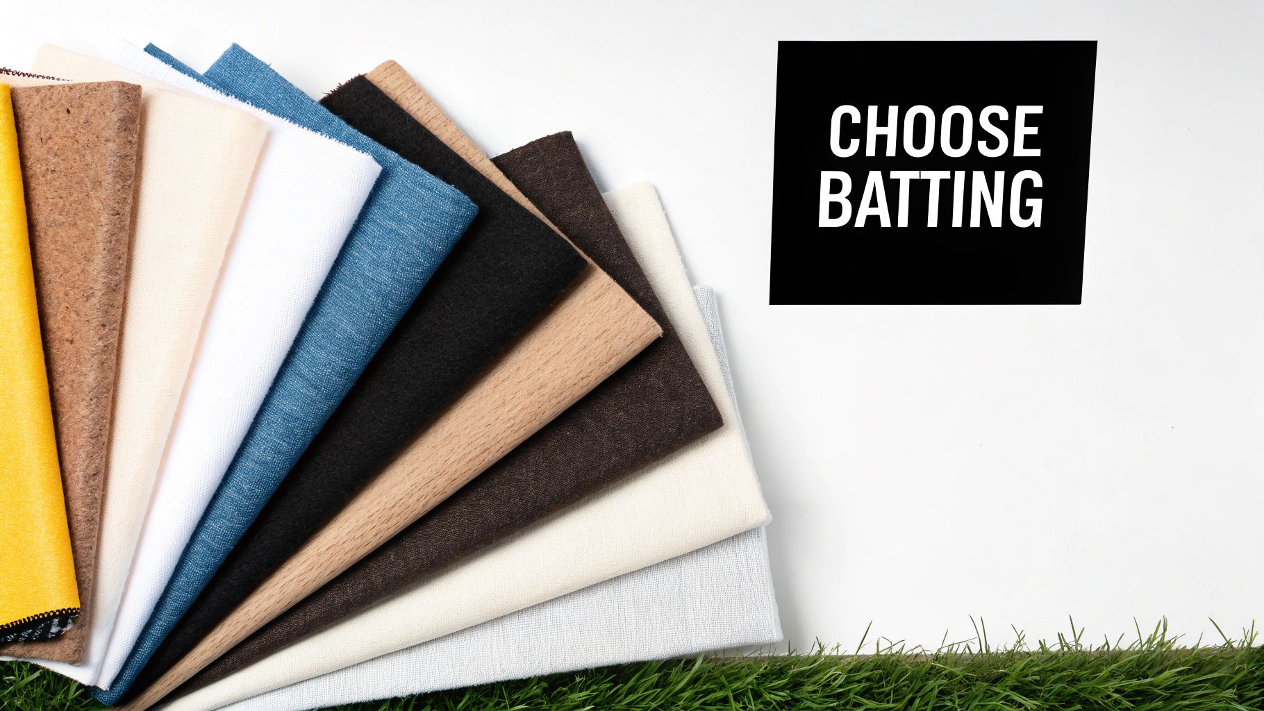 Different colors and textures of quilt batting samples displayed with a 'Choose Batting' sign.