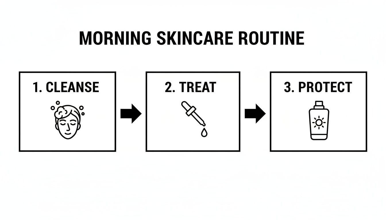 A graphic illustrating a morning skincare routine with three steps: cleanse, treat, and protect.