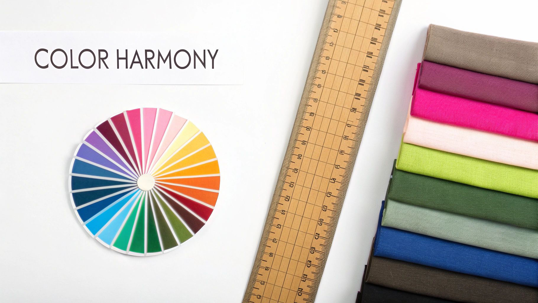 A flat lay of a color wheel, ruler, and vibrant fabric swatches, illustrating color harmony for quilting.