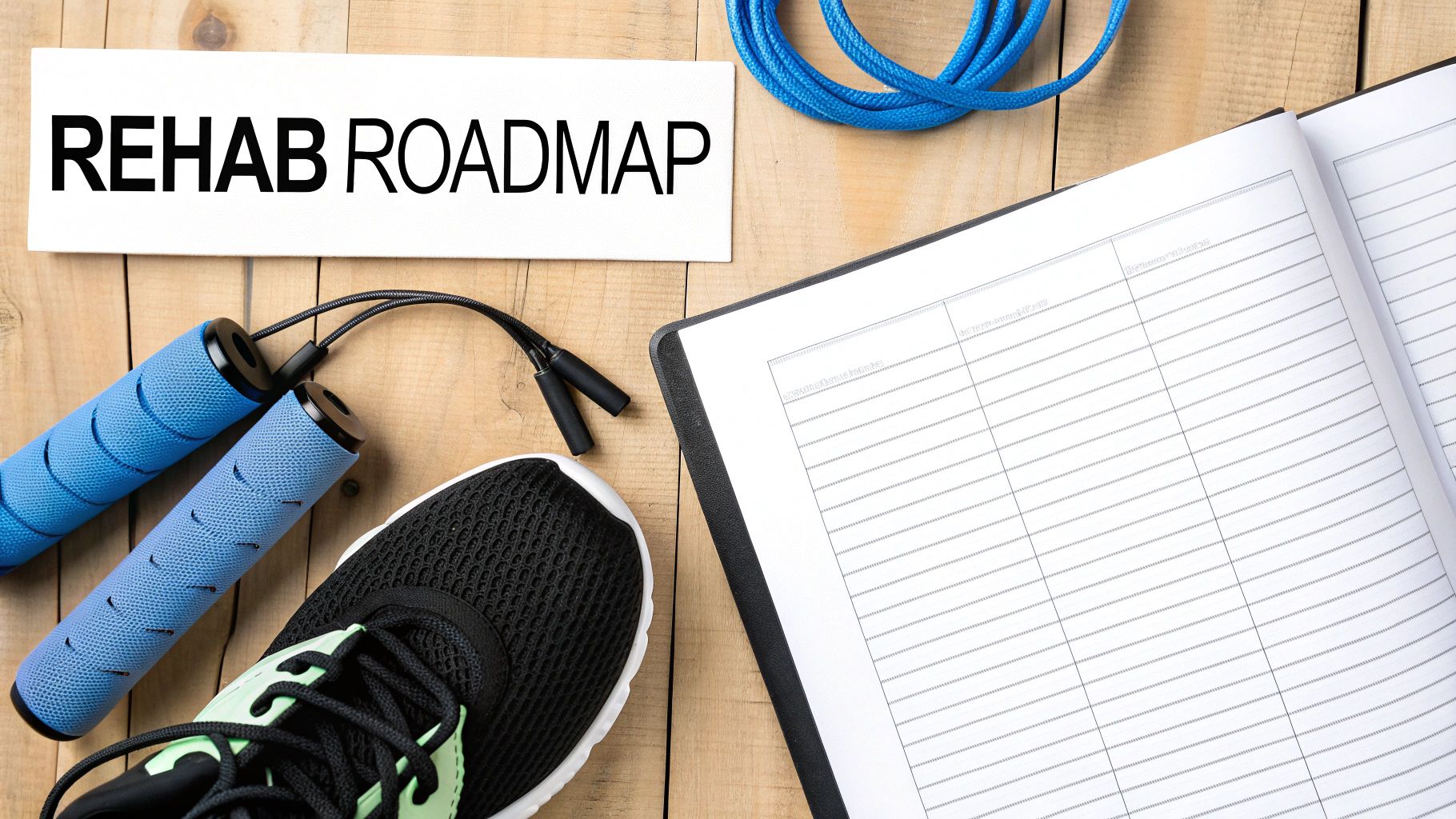 A 'REHAB ROADMAP' sign, jump rope, running shoe, and notebook on wood, symbolizing recovery and fitness tracking.