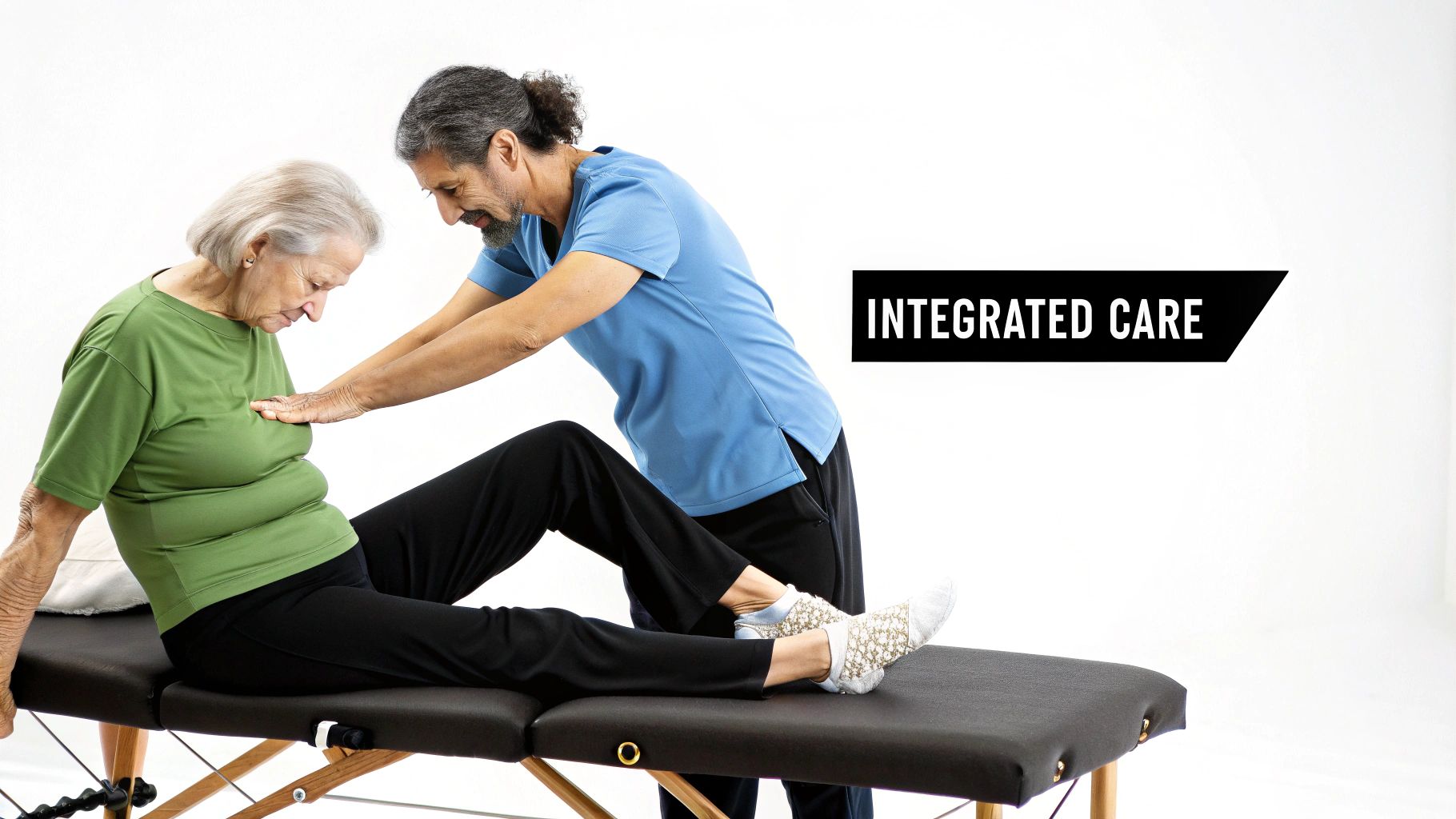 A male therapist assists an elderly woman on a medical table, promoting integrated care.