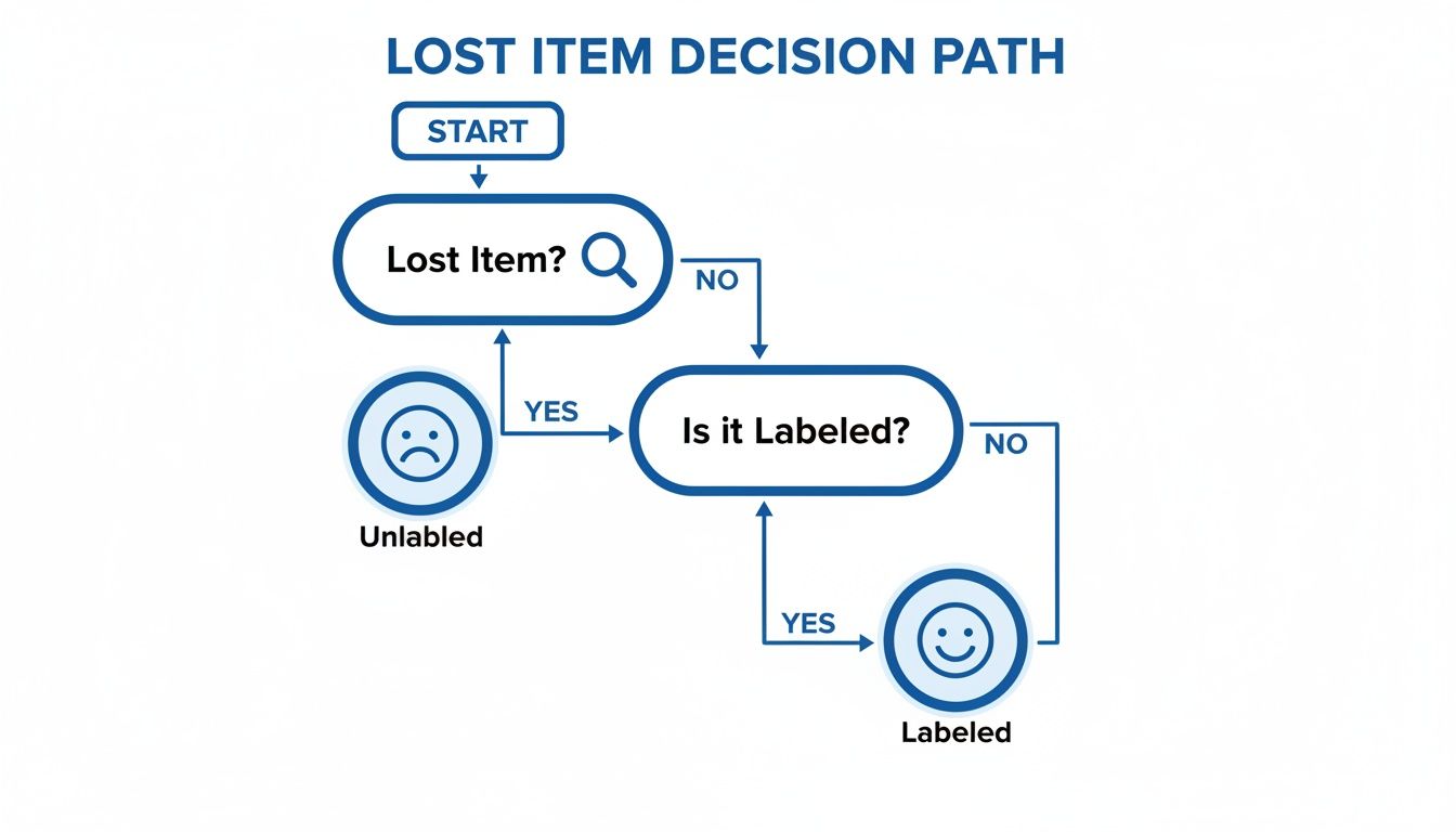 Flowchart illustrating a lost item decision path: check if found, then if labeled, leading to unlabeled or labeled outcomes.