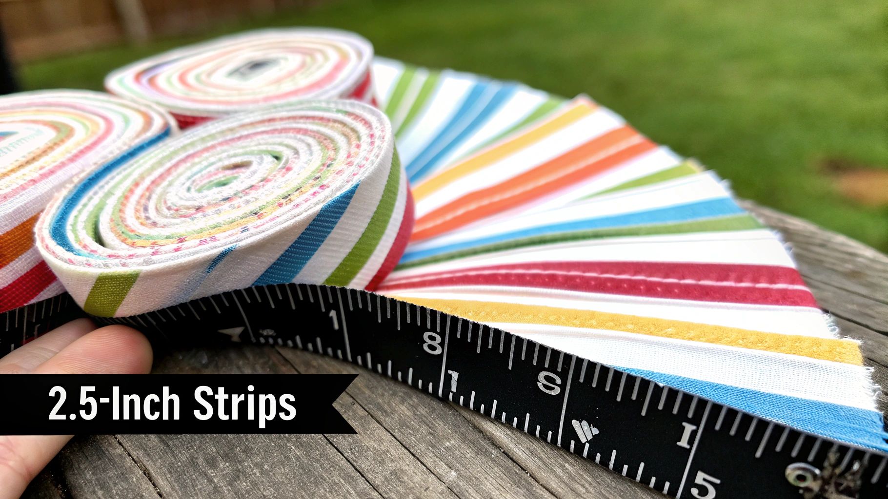 Close-up of colorful striped fabric jelly rolls and a measuring tape on wood, highlighting 2.5-inch strips.