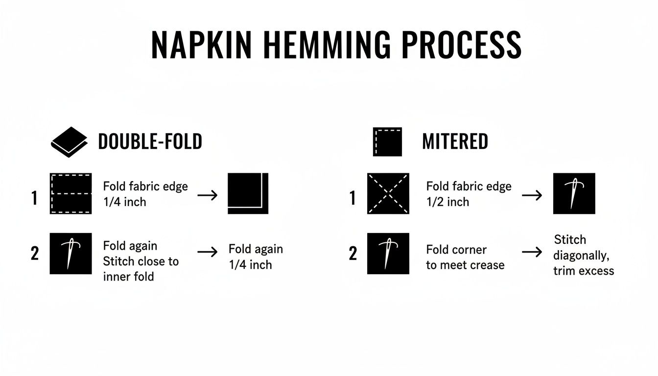 Diagram showing two napkin hemming processes: double-fold with two steps and mitered with two steps.