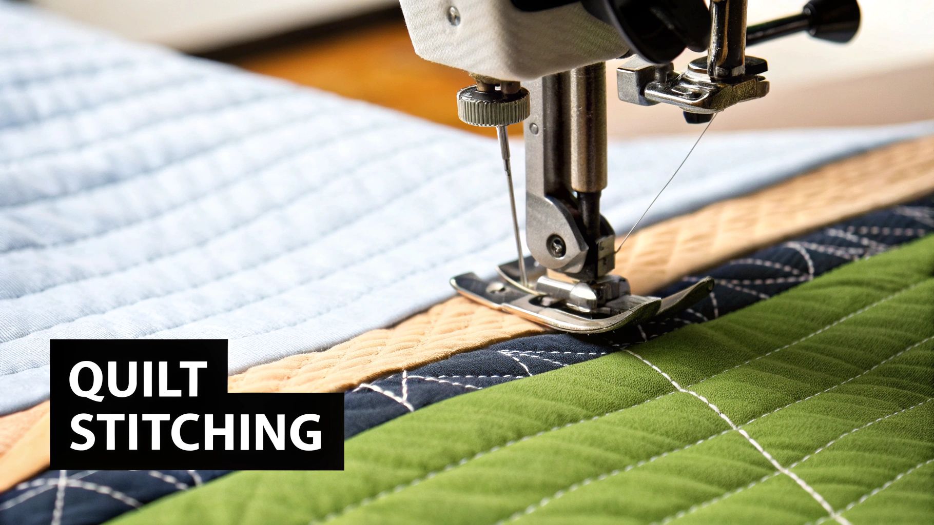 Close-up of a sewing machine actively stitching colorful fabric strips into a quilted pattern.