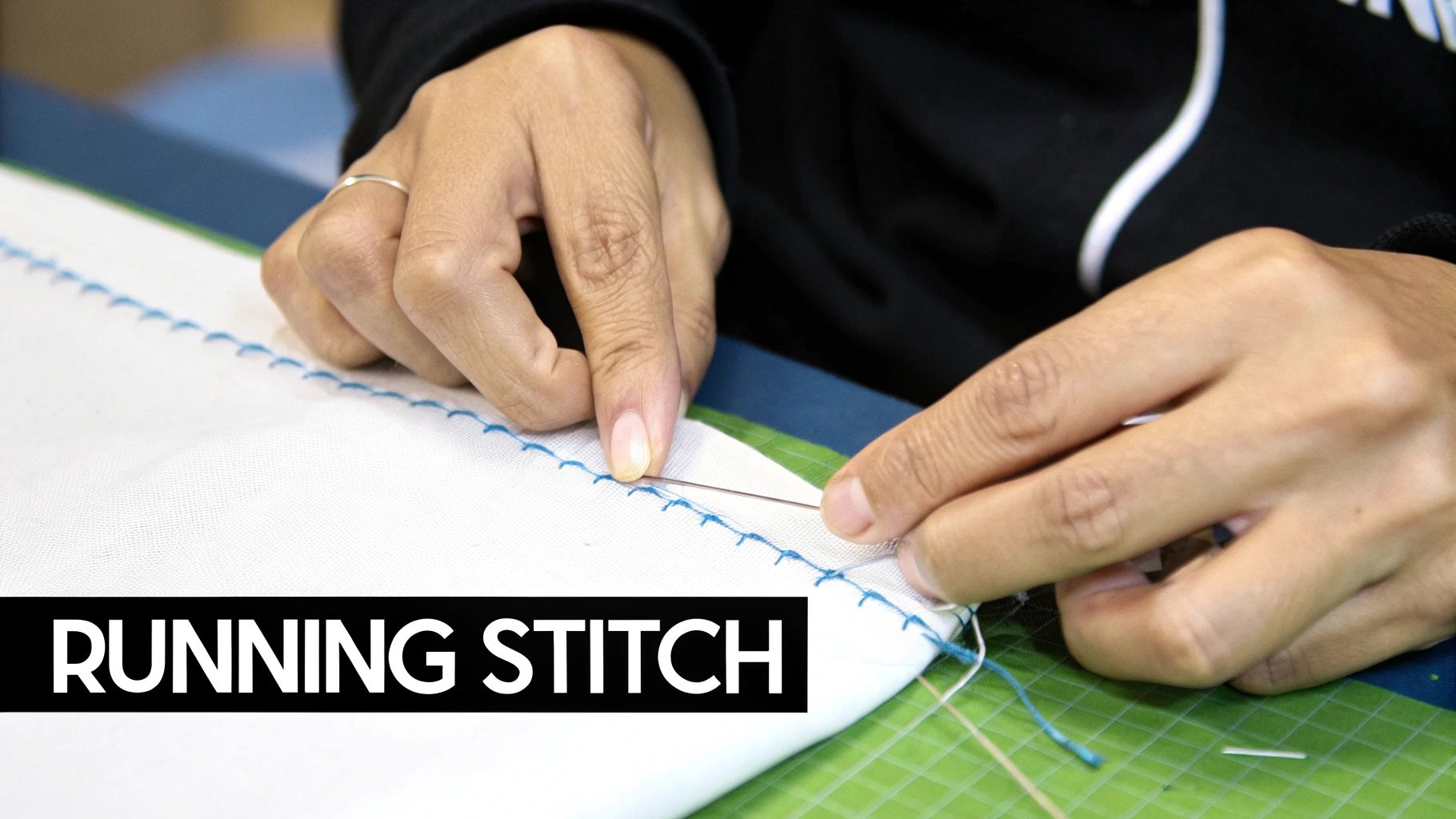 A close-up of a running stitch being sewn on light-colored fabric.