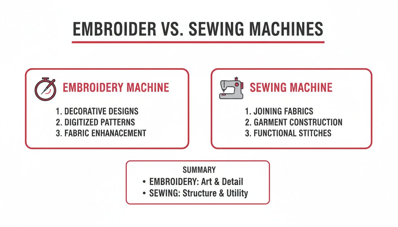 Infographic comparing embroidery machines for decorative designs and fabric enhancement with sewing machines for garment construction.