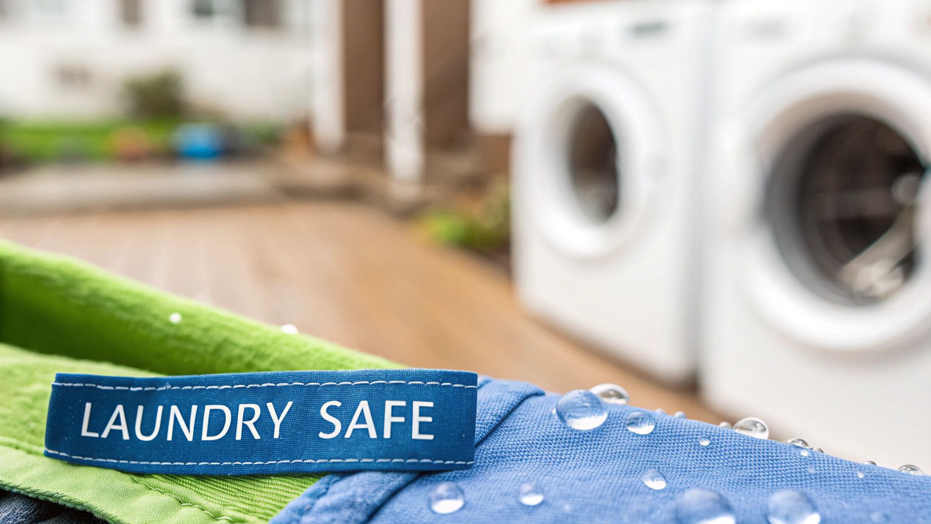 Close-up of a blue 'LAUNDRY SAFE' label on fabric with water droplets, showing washing machines.