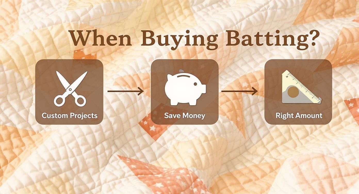 Diagram illustrating tips for buying quilt batting: Custom Projects, Save Money, and Right Amount.