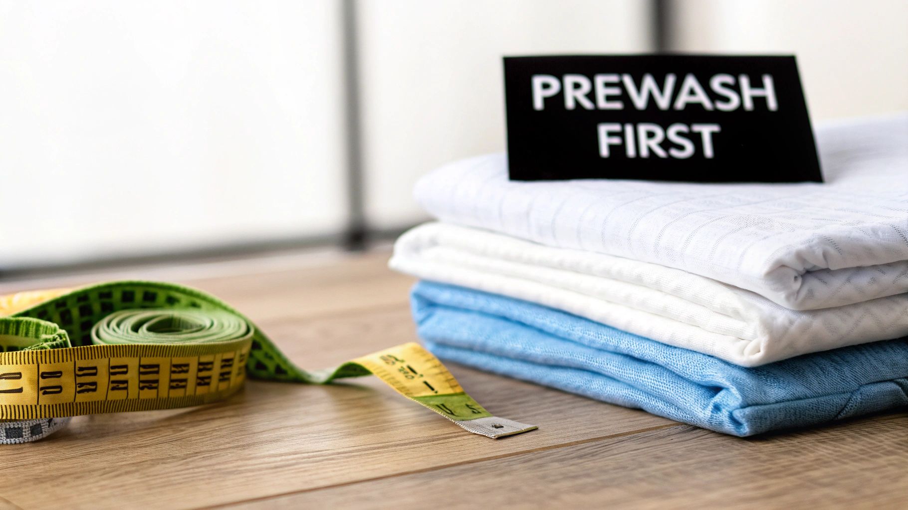 A stack of white and blue fabrics with a 'PREWASH FIRST' sign and a measuring tape on wood.