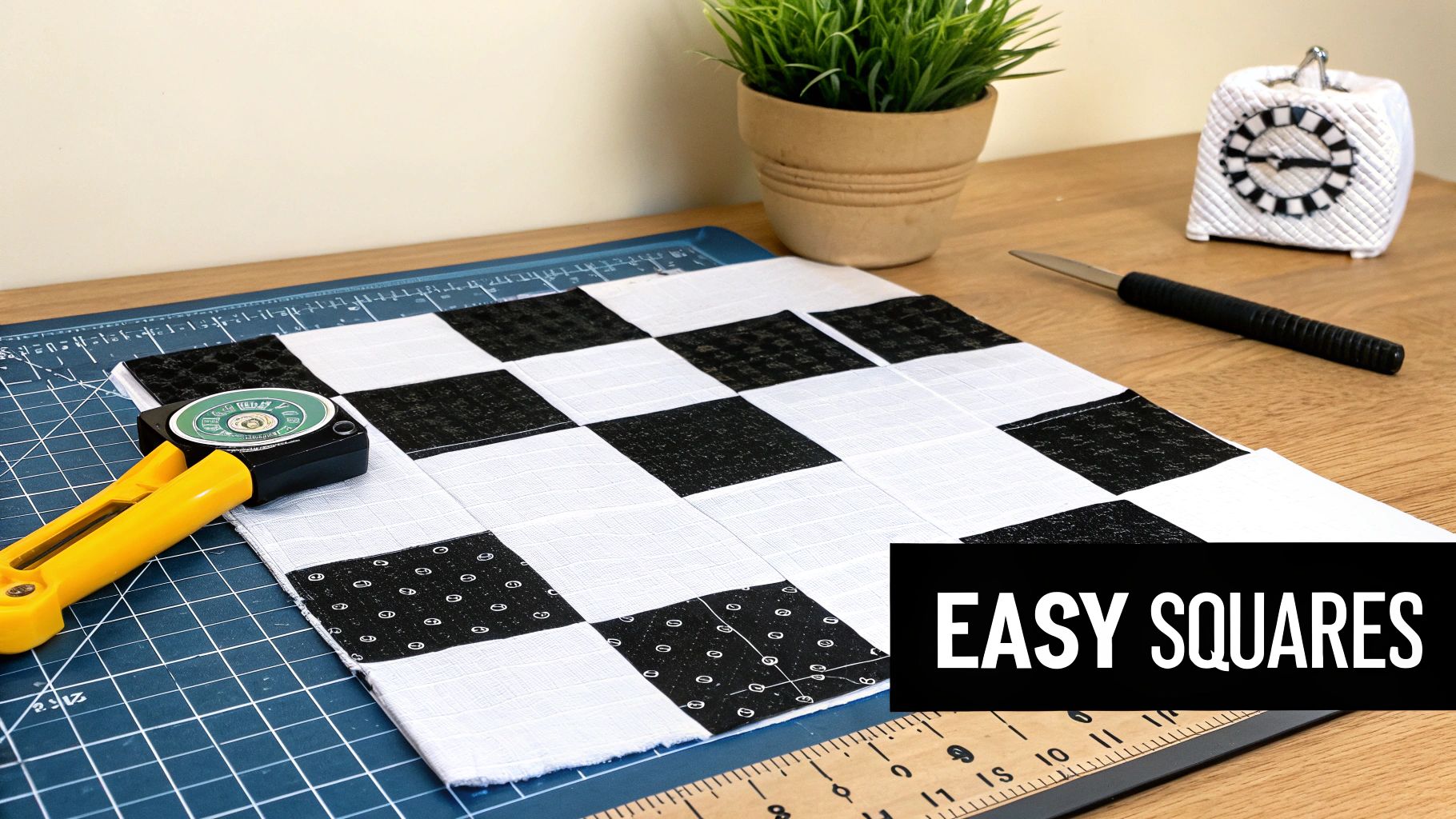 A checkerboard quilting project with black and white fabric squares and tools on a cutting mat.