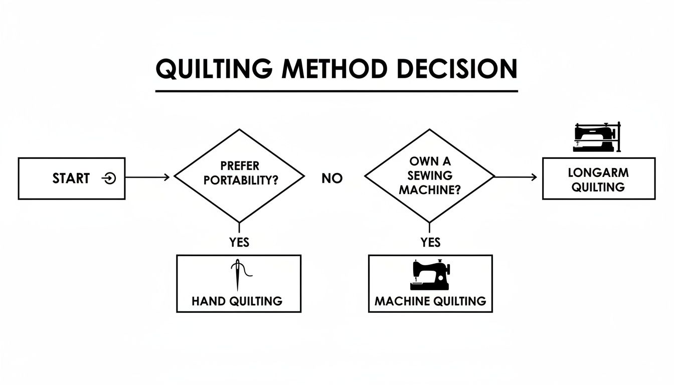 Flowchart illustrating quilting method decision based on portability and owning a sewing machine.
