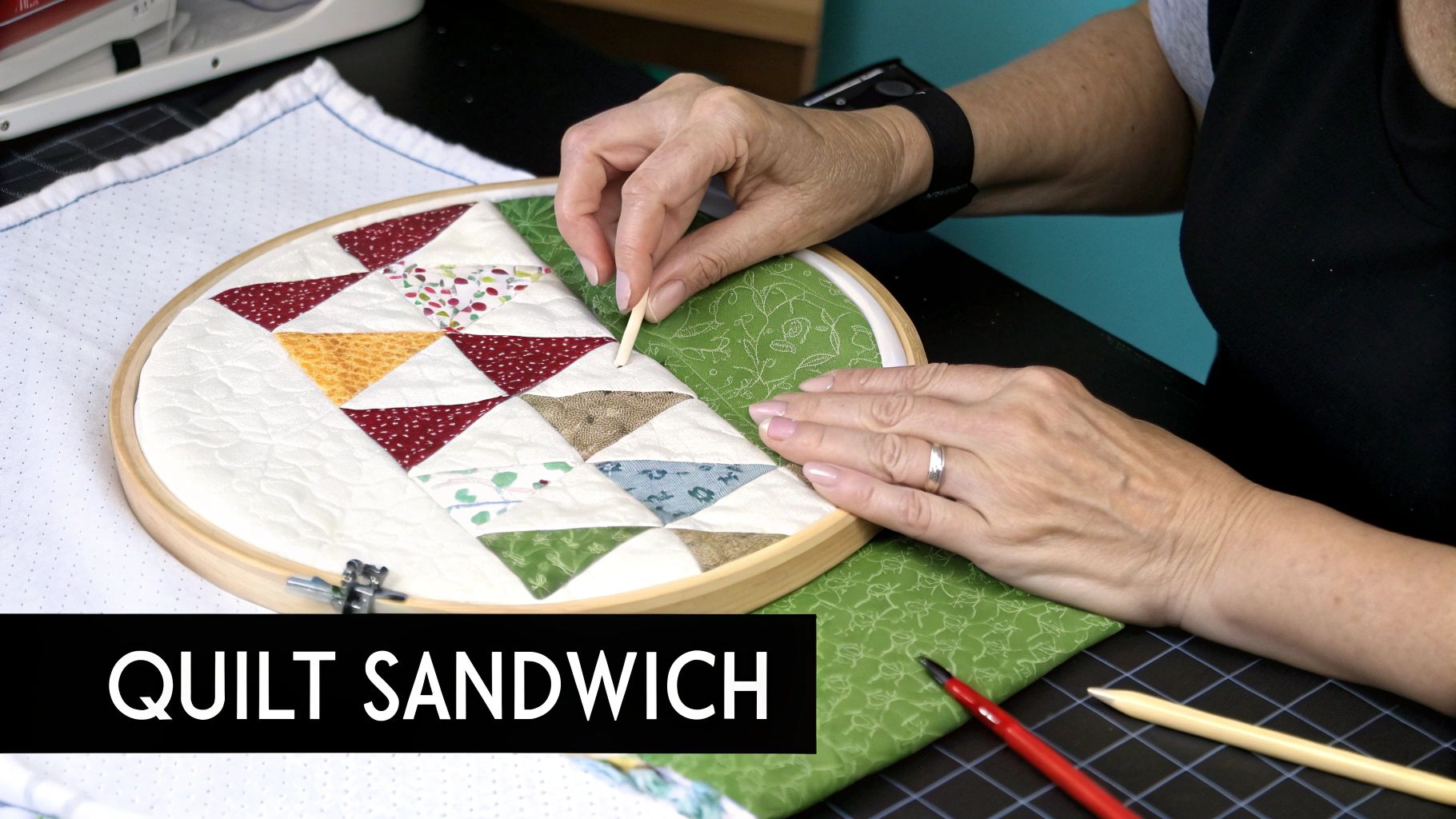 A person's hands quilting a patchwork design in an embroidery hoop with a wooden tool.