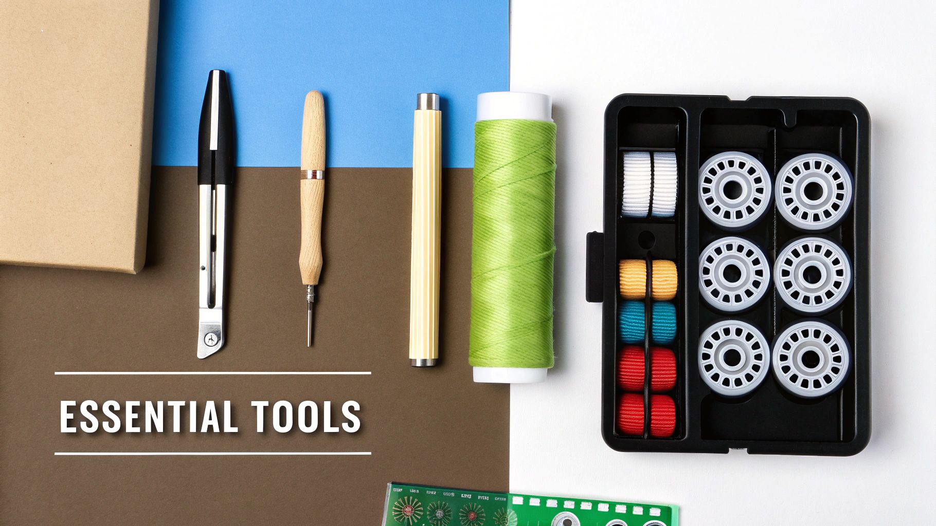 A flat lay of essential crafting tools: a utility knife, awl, green thread spool, and an organizer with colorful bobbins.