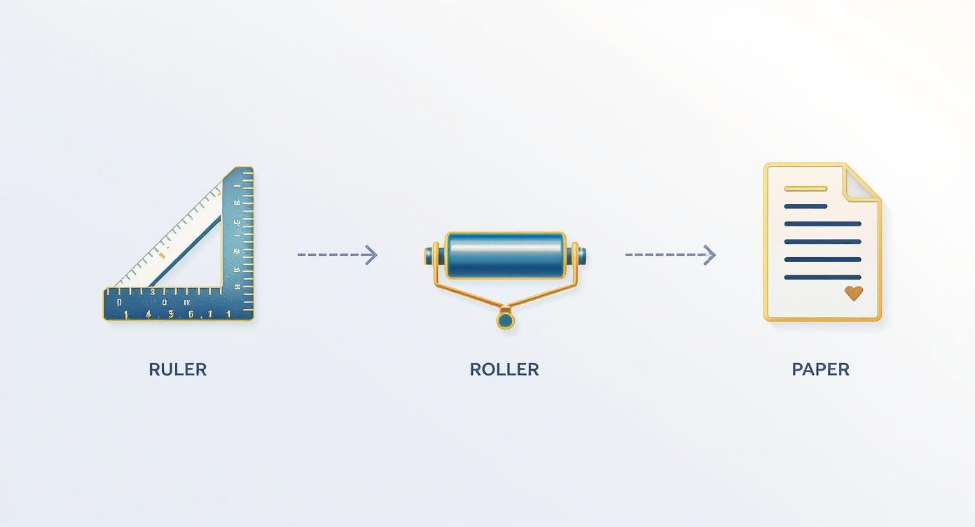 A sequence of three icons: a blue ruler, a blue and gold roller, and a gold-edged paper with blue lines.