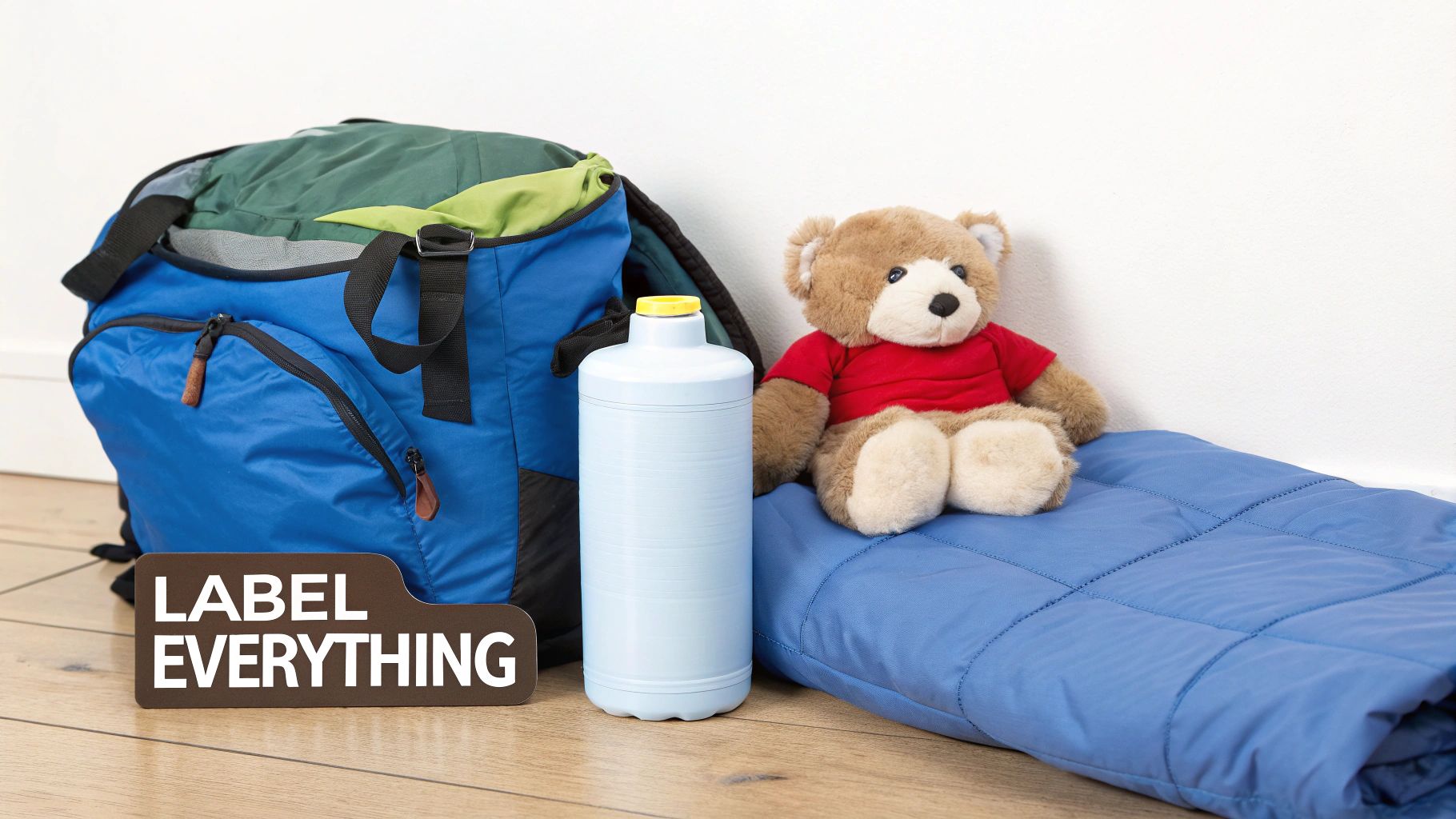 A blue backpack, light blue water bottle, teddy bear, and blue sleeping bag with a 'LABEL EVERYTHING' sign.