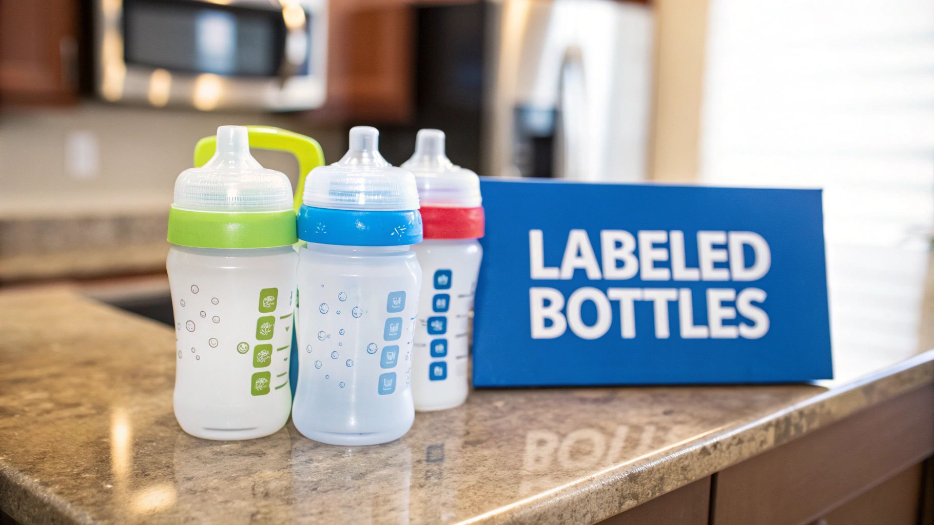 Three baby bottles with colorful tops sit on a counter next to a "LABELED BOTTLES" sign.