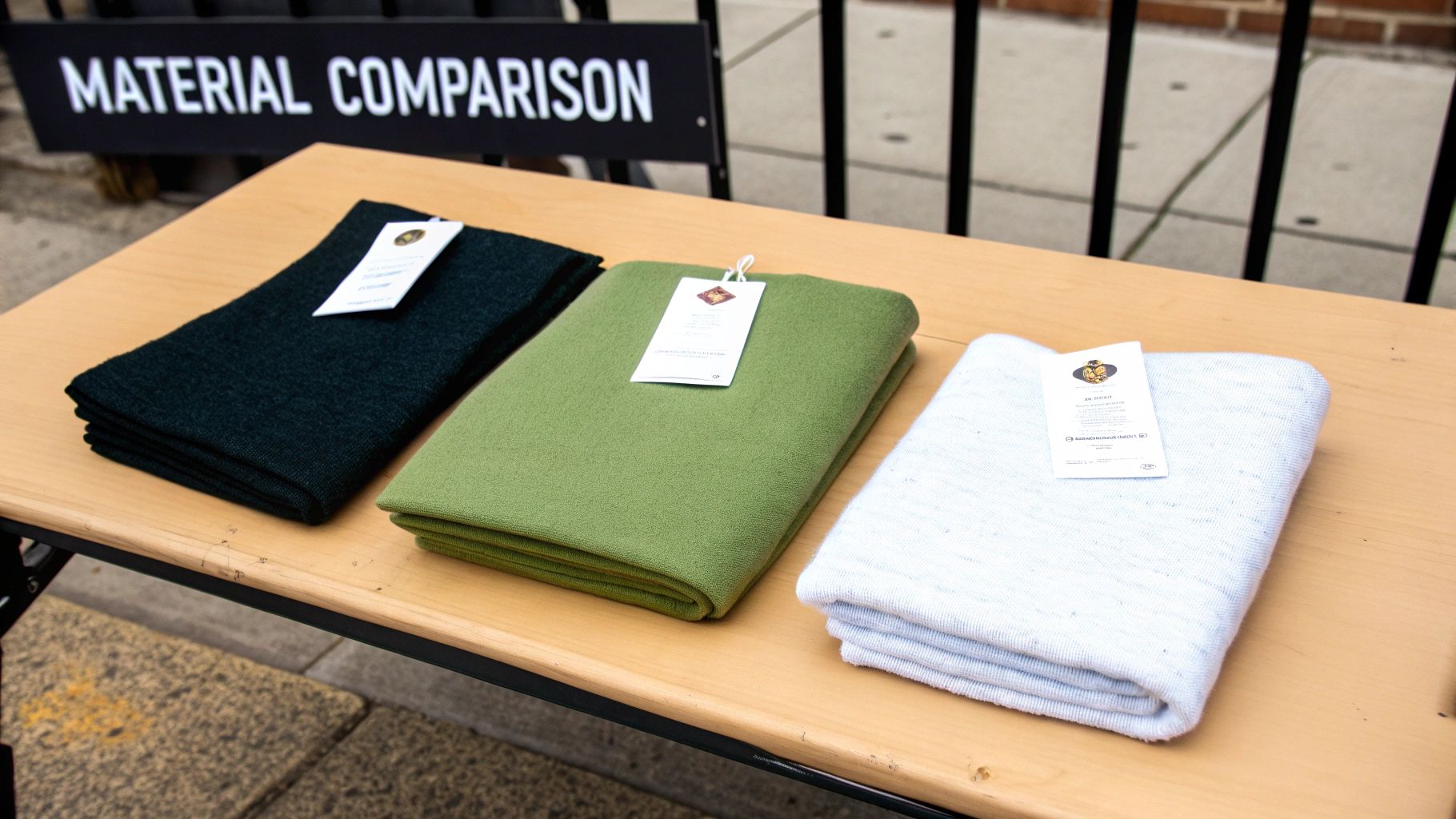 Three folded fabric samples in dark green, olive green, and light blue with tags on a wooden table.