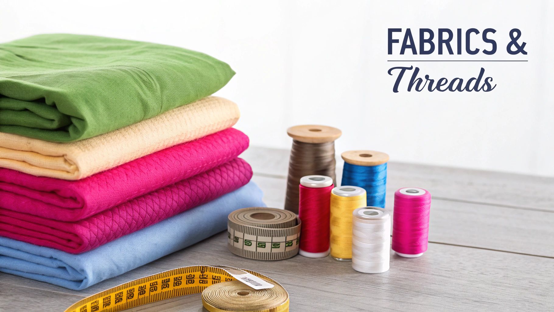 A vibrant display of colorful fabrics, spools of thread, and measuring tapes for sewing.