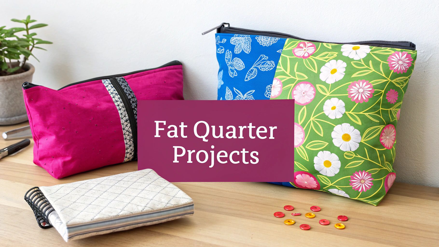 Two colorful fabric pouches, a quilted notebook, and buttons, with 'Fat Quarter Projects' text.