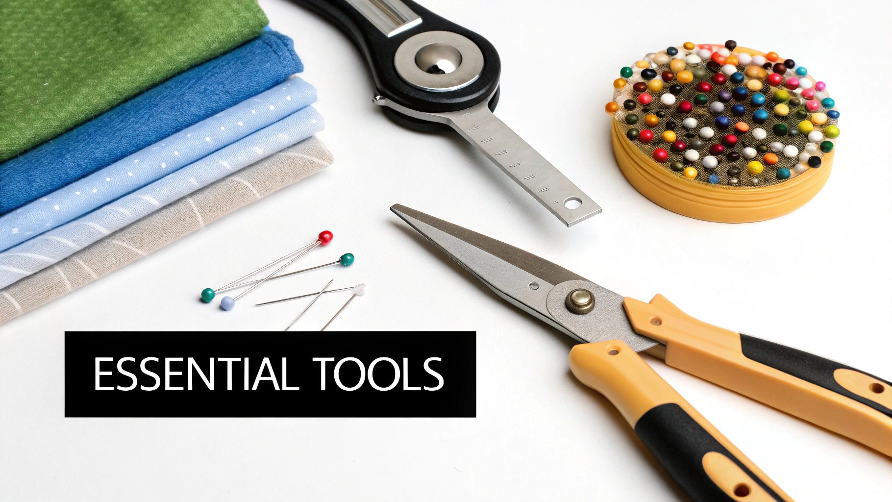 A collection of sewing tools including fabric shears, rotary cutter, and pins laid out on a cutting mat.