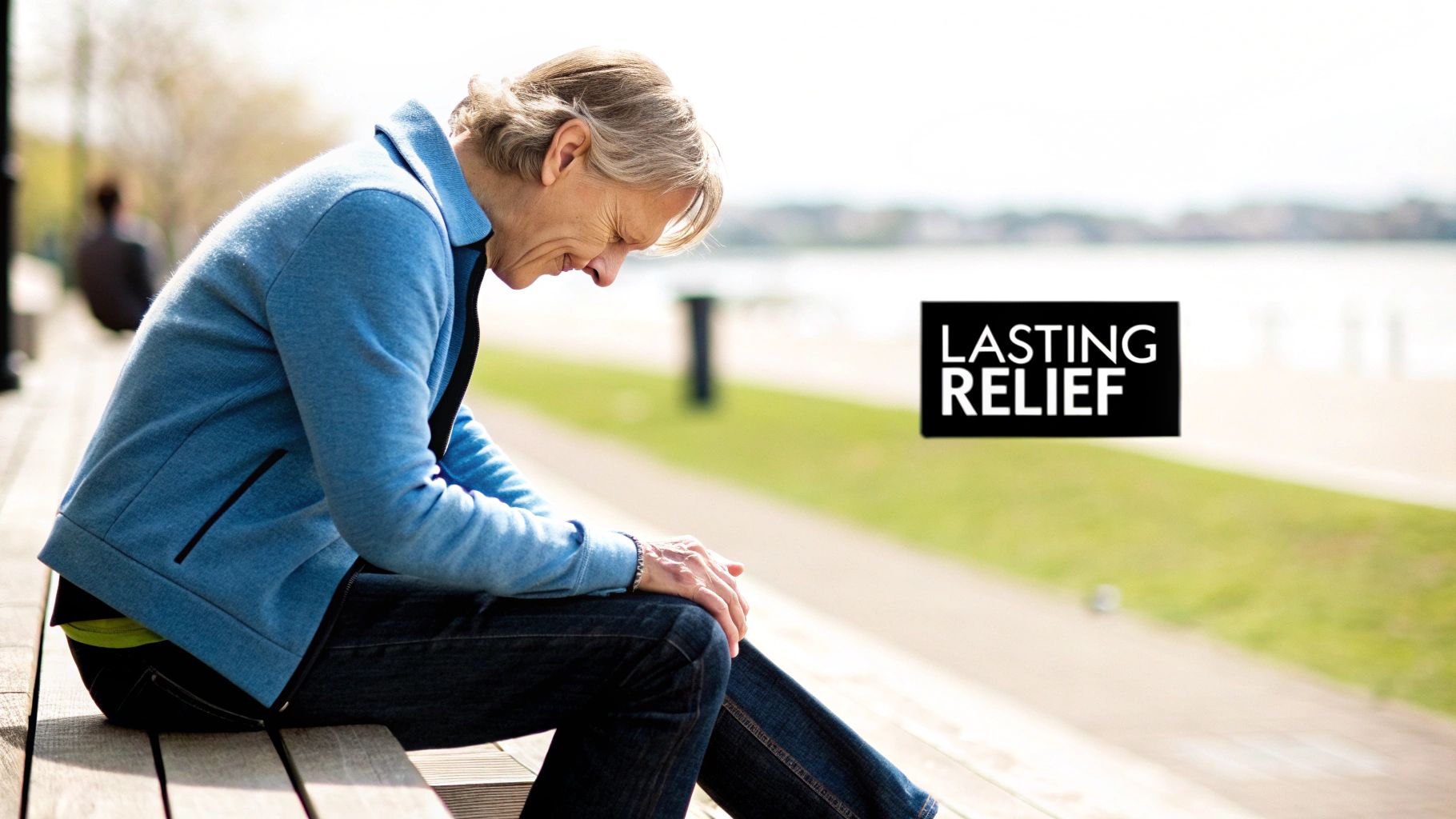 An older woman sits on a park bench, clutching her knee in discomfort, seeking lasting relief.